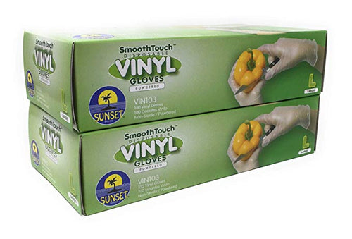 Smooth Touch Powdered Disposable Vinyl Gloves, Non-Sterile, Easy Slip On/Off, Food Service Grade, Large Size [2x100 Pack]